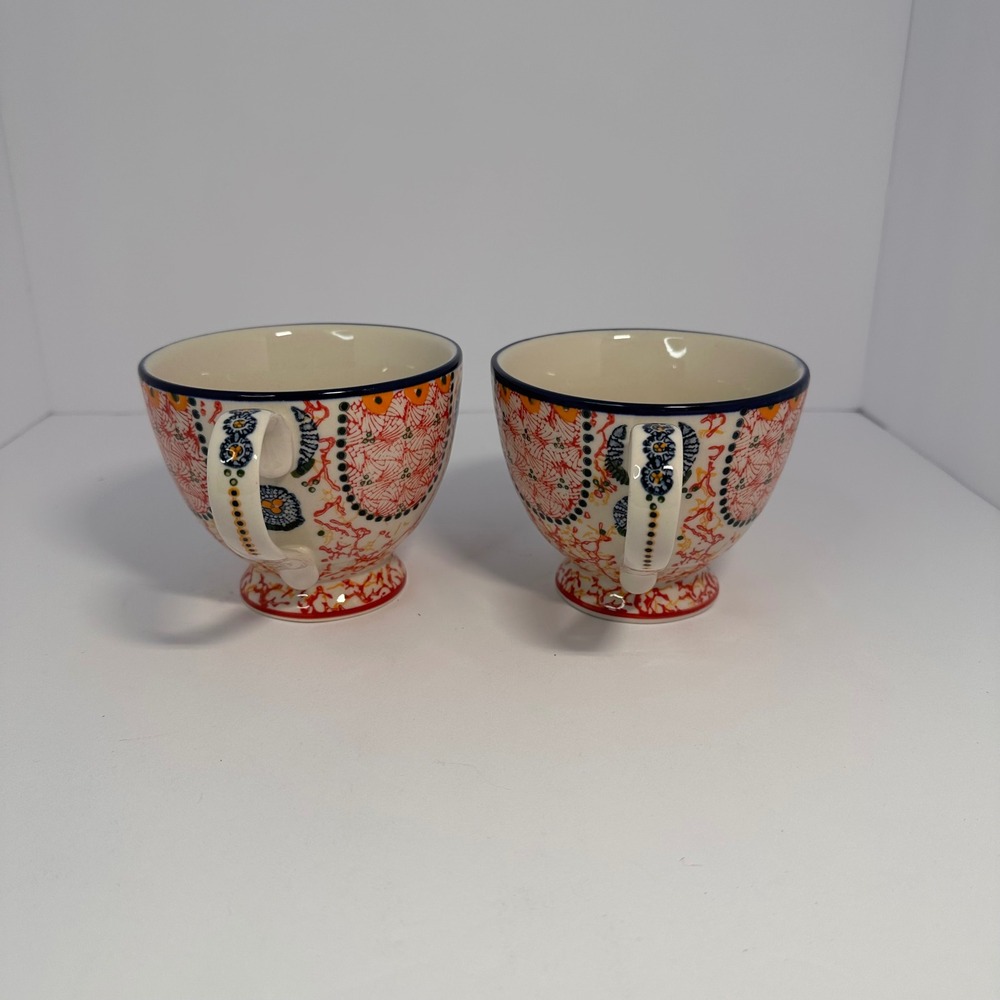 Anthropologie Bird Logo Footed‎ Mugs Set of 2 Multicolor Folk Art Ceramic Cups - Picture 3 of 6